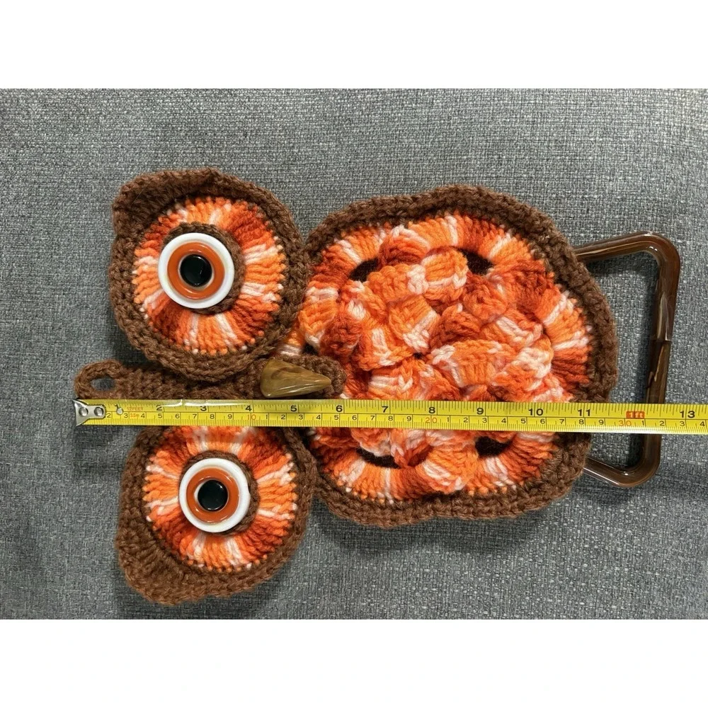 Handmade Crocheted Owl Towel Holder White Brown Orange Retro Vintage MCM Decor